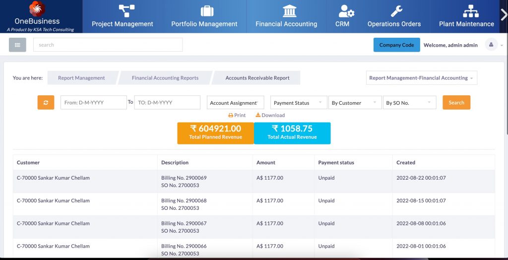 Accounts Receivable Tracking- Onebusiness Erp